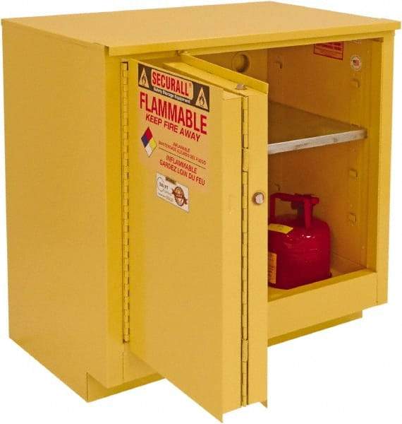 Securall Cabinets - 2 Door, 1 Shelf, Yellow Steel Under the Counter Safety Cabinet for Flammable and Combustible Liquids - 35-5/8" High x 35" Wide x 22" Deep, Sliding Door, 3 Point Key Lock, 24 Gal Capacity - A1 Tooling