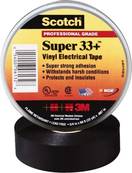 3M - 1" x 110', Black Vinyl Electrical Tape - Series 33+, 7 mil Thick, 1,150 V/mil Dielectric Strength, 15 Lb./Inch Tensile Strength - A1 Tooling