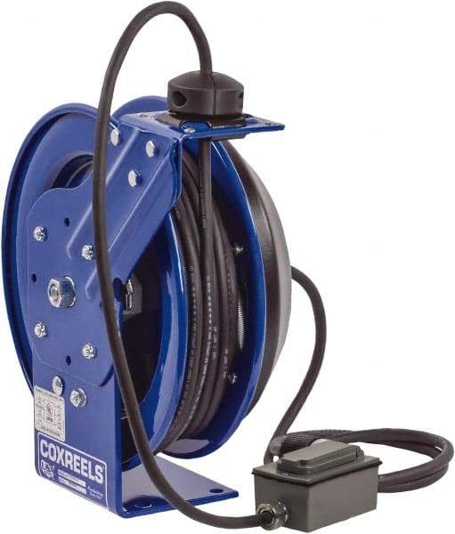 CoxReels - 12 AWG, 100' Cable Length, Cord & Cable Reel with Duplex GFCI Outlet Box End - 2 Outlets, NEMA 5-20R, 20 Amps, 115 Volts, SJO Cable, Blue Reel, Spring Driven Reel - A1 Tooling