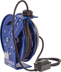 CoxReels - 12 AWG, 50' Cable Length, Cord & Cable Reel with Duplex GFCI Outlet Box End - 2 Outlets, NEMA 5-15R, 13 Amps, 115 Volts, SJO Cable, Blue Reel, Spring Driven Reel - A1 Tooling