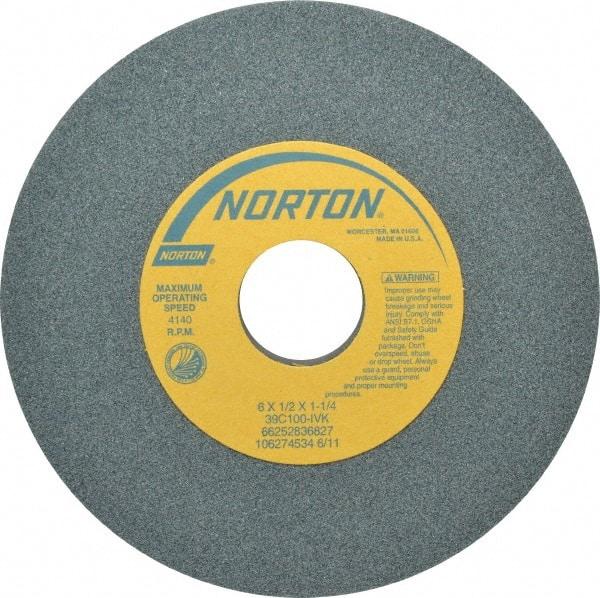 Norton - 6" Diam x 1-1/4" Hole x 1/2" Thick, I Hardness, 100 Grit Surface Grinding Wheel - Silicon Carbide, Type 1, Fine Grade, 4,140 Max RPM, Vitrified Bond, No Recess - A1 Tooling