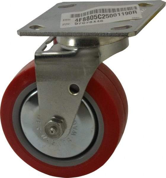 E.R. Wagner - 5" Diam x 2" Wide x 6-1/2" OAH Top Plate Mount Swivel Caster - Polyurethane, 650 Lb Capacity, Roller Bearing, 4 x 4-1/2" Plate - A1 Tooling