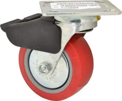 E.R. Wagner - 5" Diam x 2" Wide x 6-1/2" OAH Top Plate Mount Swivel Caster with Brake - Polyurethane, 650 Lb Capacity, Roller Bearing, 4 x 4-1/2" Plate - A1 Tooling