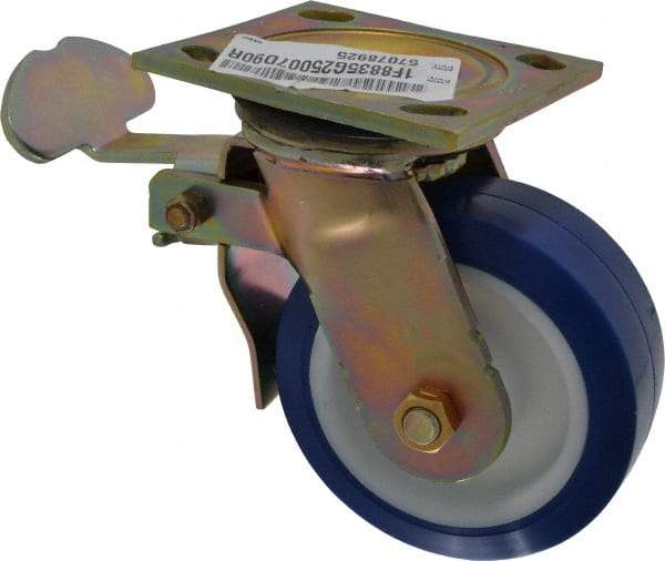 E.R. Wagner - 5" Diam x 2" Wide x 6-1/2" OAH Top Plate Mount Swivel Caster with Brake - Polyurethane, 750 Lb Capacity, Delrin Bearing, 4 x 4-1/2" Plate - A1 Tooling