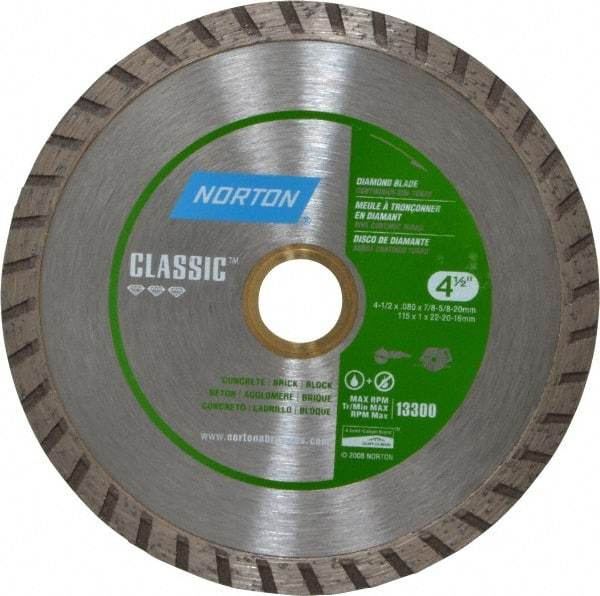 Norton - 4-1/2" Diam, 5/8 & 7/8" Arbor Hole Diam, Wet & Dry Cut Saw Blade - Diamond-Tipped, Standard Round Arbor - A1 Tooling