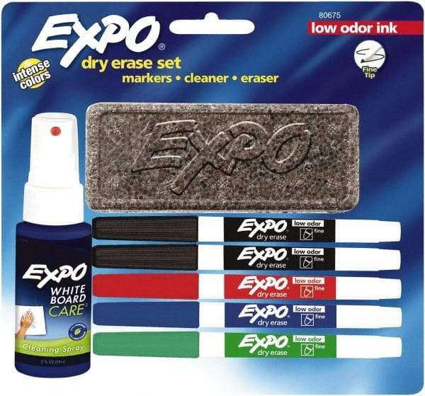 Expo - Red, Blue, Green & 2 Black Low Odor Fine Tip 5 Pack Dry Erase Markers - Includes 3 oz Cleaning Fluid & Eraser, For Use with Dry Erase Marker Boards - A1 Tooling