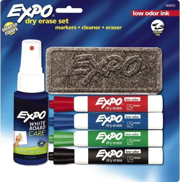 Expo - Red, Blue, Green & Black Low Odor 4 Pack Chisel Tip Dry Erase Markers - Includes Eraser & 3 oz Cleaning Fluid, For Use with Dry Erase Marker Boards - A1 Tooling