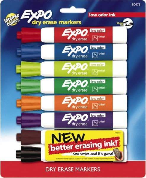 Expo - Black, Blue, Brown, Green, Orange, Pink, Purple & Red Low Odor Chisel Tip 8 Pack Dry Erase Markers - For Use with Dry Erase Marker Boards - A1 Tooling