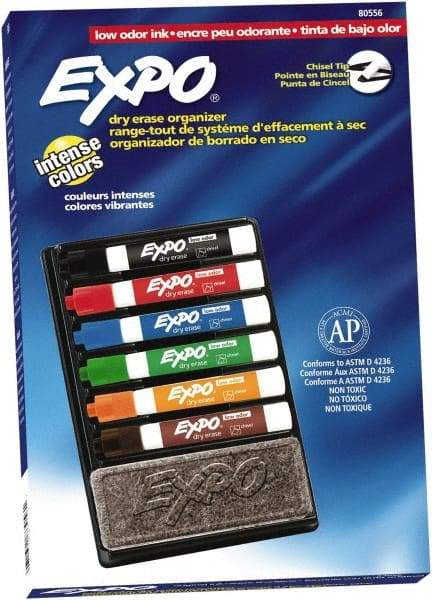 Expo - Black, Blue, Brown, Green, Orange, & Red Low Odor Chisel Tip Markers 6 Pack Dry Erase Markers - Includes Eraser & Organizer, For Use with Dry Erase Marker Boards - A1 Tooling