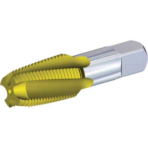 Kennametal - 1/8-27 NPT, 15° Helix, 4 Flutes, 2-1/2 - 3-1/2 Chamfer, TiN Finish, High Speed Steel, Spiral Flute Pipe Tap - Right Hand Flute, 7/16" Shank Diam, 3/4" Thread Length, 0.3120" Projection, Series T854 - A1 Tooling