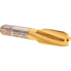 Kennametal - 1/8-27 NPTF, 15° Helix, 4 Flutes, 2-1/2 - 3-1/2 Chamfer, TiN Finish, High Speed Steel, Spiral Flute Pipe Tap - Right Hand Flute, 3/4" Thread Length, 0.3120" Projection, Series T854 - Exact Industrial Supply