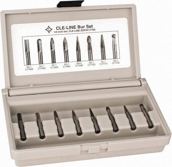 Cle-Line - 8 Piece, 1/4" Shank Burr Set - Solid Carbide, Multiple Head Shapes - A1 Tooling