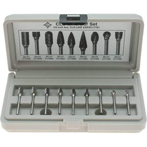 Cle-Line - 9 Piece, 1/8" Shank Burr Set - Solid Carbide, Multiple Head Shapes - A1 Tooling