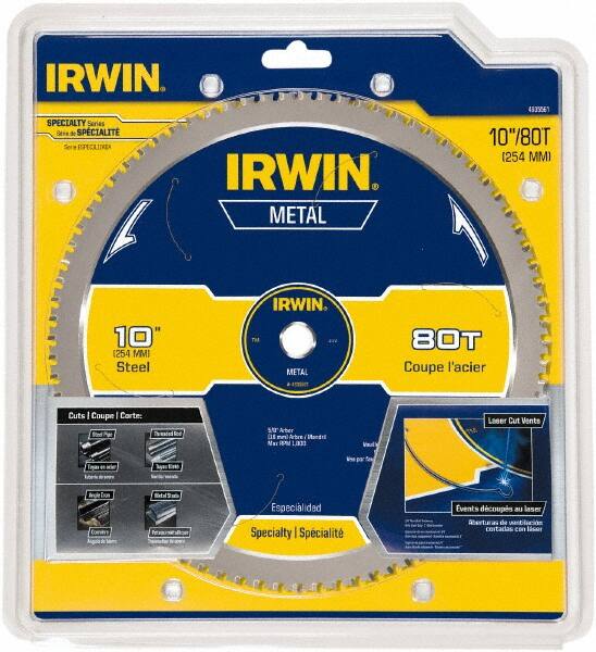 Irwin Blades - 10" Diam, 5/8" Arbor Hole Diam, 80 Tooth Wet & Dry Cut Saw Blade - Carbide-Tipped, Smooth Action, Standard Round Arbor - A1 Tooling