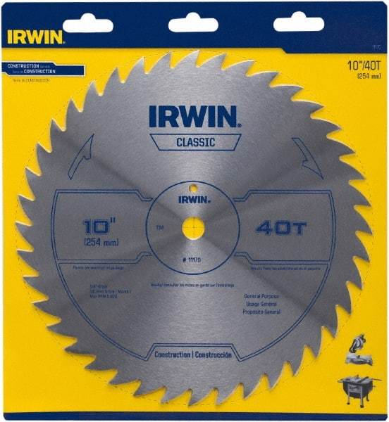 Irwin Blades - 10" Diam, 5/8" Arbor Hole Diam, 40 Tooth Wet & Dry Cut Saw Blade - High Carbon Steel, Smooth Action, Standard Round Arbor - A1 Tooling