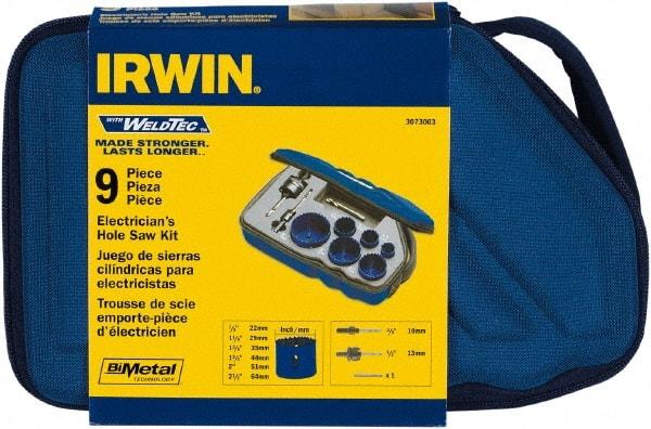 Irwin Blades - 9 Piece, 7/8" to 2-1/2" Saw Diam, Electrician's Hole Saw Kit - Bi-Metal, Toothed Edge, Pilot Drill Model No. 373000, Includes 6 Hole Saws - A1 Tooling