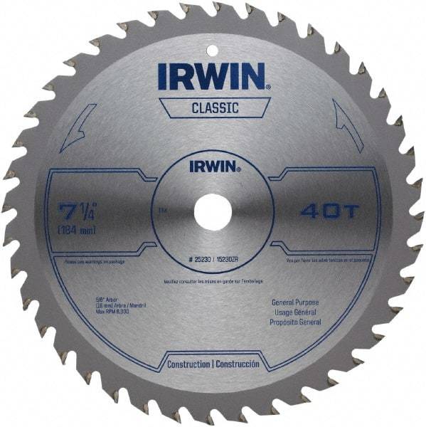 Irwin Blades - 7-1/4" Diam, 5/8" Arbor Hole Diam, 40 Tooth Wet & Dry Cut Saw Blade - Carbide-Tipped, Smooth Action, Diamond Arbor - A1 Tooling