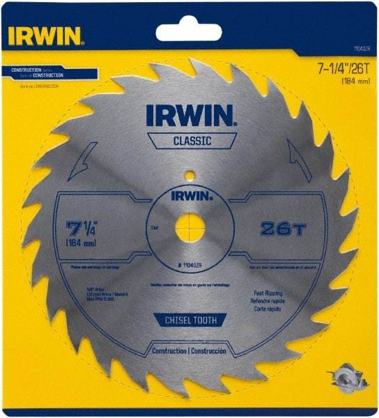 Irwin Blades - 7-1/4" Diam, 5/8" Arbor Hole Diam, 26 Tooth Wet & Dry Cut Saw Blade - High Carbon Steel, Smooth Action, Diamond Arbor - A1 Tooling