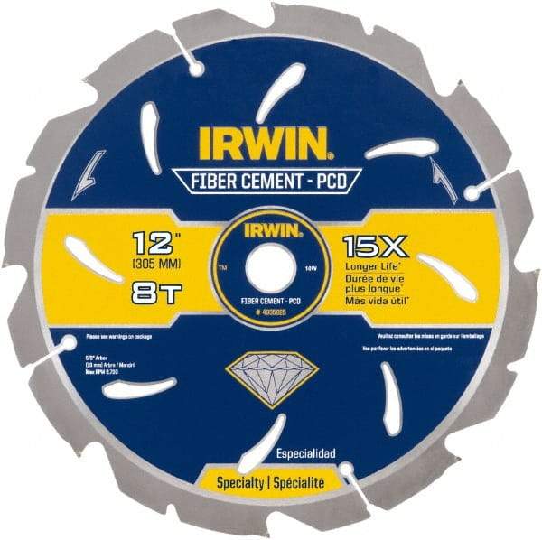 Irwin Blades - 12" Diam, 1" Arbor Hole Diam, 8 Tooth Wet & Dry Cut Saw Blade - Diamond-Tipped, Smooth Action, Standard Round Arbor - A1 Tooling