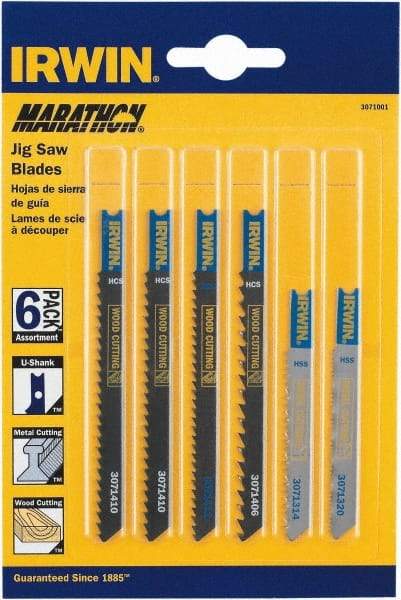 Irwin Blades - 6 Piece, 3-1/4" to 4" Long, 6 to 20 Teeth per Inch, Bi-Metal and Carbon Jig Saw Blade Set - Toothed Edge, U-Shank - A1 Tooling