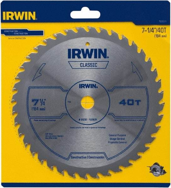 Irwin Blades - 7-1/4" Diam, 5/8" Arbor Hole Diam, 40 Tooth Wet & Dry Cut Saw Blade - Carbide-Tipped, Smooth Action, Diamond Arbor - A1 Tooling