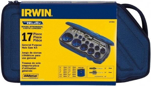 Irwin - 17 Piece, 5/8" to 3" Saw Diam, General Purpose Hole Saw Kit - Bi-Metal, Toothed Edge, Pilot Drill Model No. 373000, Includes 12 Hole Saws - A1 Tooling