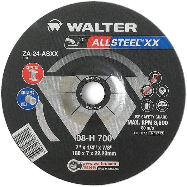 WALTER Surface Technologies - 24 Grit, 7" Wheel Diam, 1/4" Wheel Thickness, 7/8" Arbor Hole, Type 27 Depressed Center Wheel - Aluminum Oxide, Resinoid Bond, 8,600 Max RPM - A1 Tooling