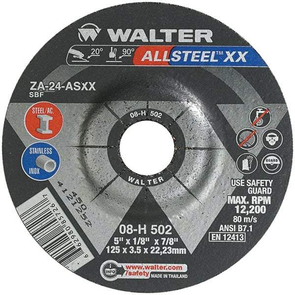 WALTER Surface Technologies - 24 Grit, 5" Wheel Diam, 1/8" Wheel Thickness, 7/8" Arbor Hole, Type 27 Depressed Center Wheel - Aluminum Oxide, Resinoid Bond, 12,200 Max RPM - A1 Tooling