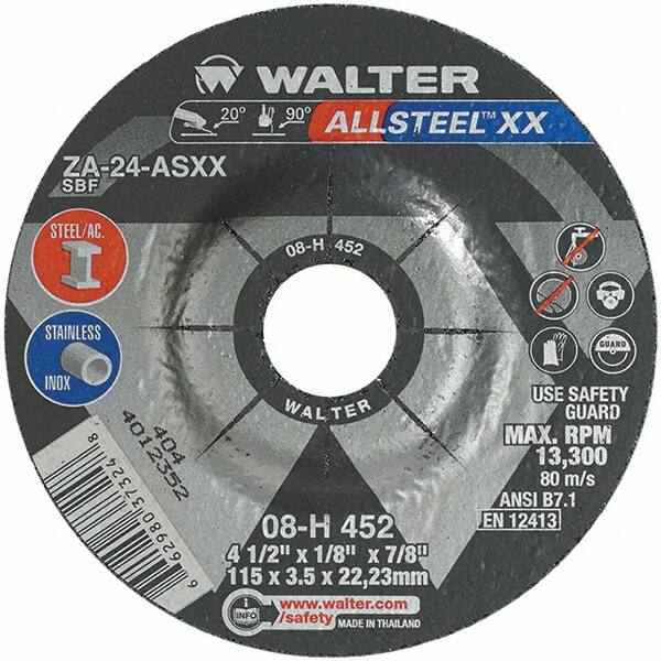 WALTER Surface Technologies - 24 Grit, 4-1/2" Wheel Diam, 1/8" Wheel Thickness, 7/8" Arbor Hole, Type 27 Depressed Center Wheel - Aluminum Oxide, Resinoid Bond, 13,300 Max RPM - A1 Tooling