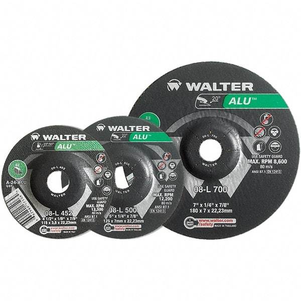 WALTER Surface Technologies - 24 Grit, 9" Wheel Diam, 1/4" Wheel Thickness, Type 27 Depressed Center Wheel - Aluminum Oxide, Resinoid Bond, 6,600 Max RPM - A1 Tooling