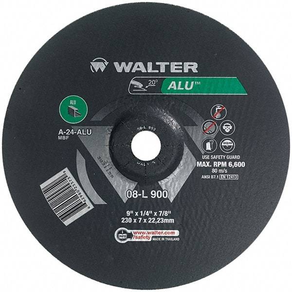 WALTER Surface Technologies - 24 Grit, 9" Wheel Diam, 1/4" Wheel Thickness, 7/8" Arbor Hole, Type 27 Depressed Center Wheel - Aluminum Oxide, Resinoid Bond, 6,600 Max RPM - A1 Tooling