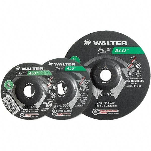 WALTER Surface Technologies - 24 Grit, 7" Wheel Diam, 1/8" Wheel Thickness, Type 27 Depressed Center Wheel - Aluminum Oxide, Resinoid Bond, 8,600 Max RPM - A1 Tooling