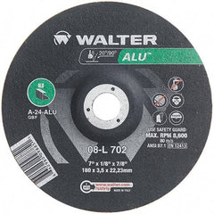 WALTER Surface Technologies - 24 Grit, 7" Wheel Diam, 1/8" Wheel Thickness, 7/8" Arbor Hole, Type 27 Depressed Center Wheel - Aluminum Oxide, Resinoid Bond, 8,600 Max RPM - A1 Tooling