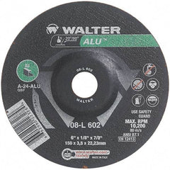 WALTER Surface Technologies - 24 Grit, 6" Wheel Diam, 1/8" Wheel Thickness, 7/8" Arbor Hole, Type 27 Depressed Center Wheel - Aluminum Oxide, Resinoid Bond, 10,200 Max RPM - A1 Tooling