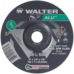 WALTER Surface Technologies - 24 Grit, 6" Wheel Diam, 1/4" Wheel Thickness, 7/8" Arbor Hole, Type 27 Depressed Center Wheel - Aluminum Oxide, Resinoid Bond, 10,200 Max RPM - A1 Tooling