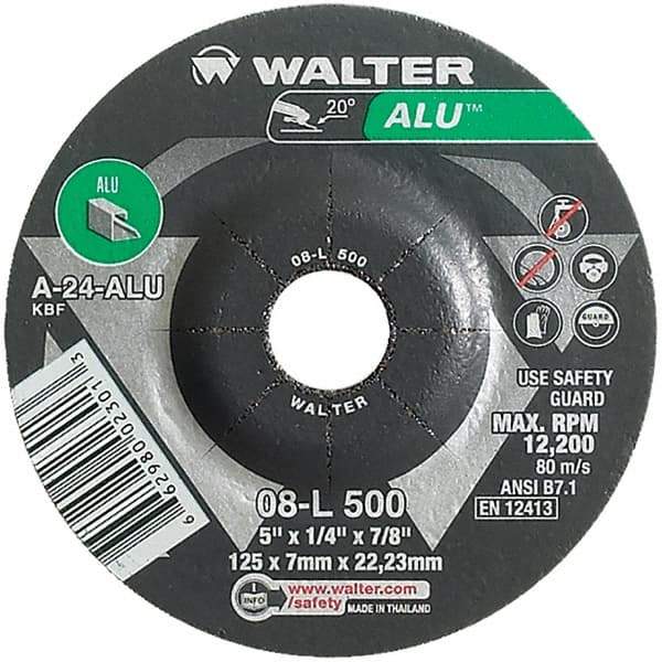 WALTER Surface Technologies - 24 Grit, 5" Wheel Diam, 1/4" Wheel Thickness, 7/8" Arbor Hole, Type 27 Depressed Center Wheel - Aluminum Oxide, Resinoid Bond, 12,200 Max RPM - A1 Tooling