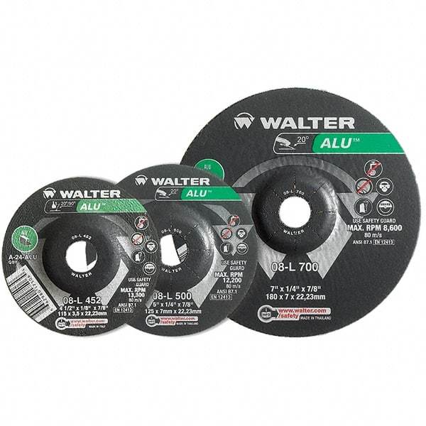 WALTER Surface Technologies - 24 Grit, 4-1/2" Wheel Diam, 1/4" Wheel Thickness, Type 27 Depressed Center Wheel - Aluminum Oxide, Resinoid Bond, 13,300 Max RPM - A1 Tooling