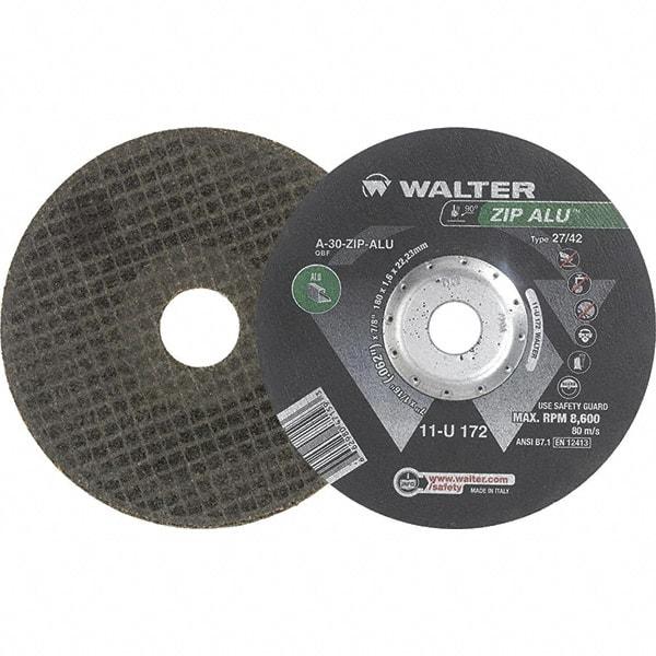 WALTER Surface Technologies - 30 Grit, 7" Wheel Diam, 1/16" Wheel Thickness, 7/8" Arbor Hole, Type 27 Depressed Center Wheel - Aluminum Oxide, Resinoid Bond, 8,600 Max RPM - A1 Tooling