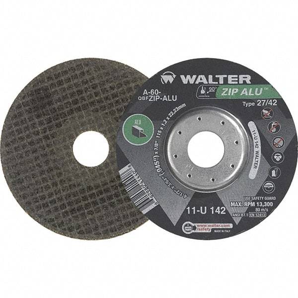 WALTER Surface Technologies - 60 Grit, 5" Wheel Diam, 3/64" Wheel Thickness, 7/8" Arbor Hole, Type 27 Depressed Center Wheel - Aluminum Oxide, Resinoid Bond, 12,200 Max RPM - A1 Tooling