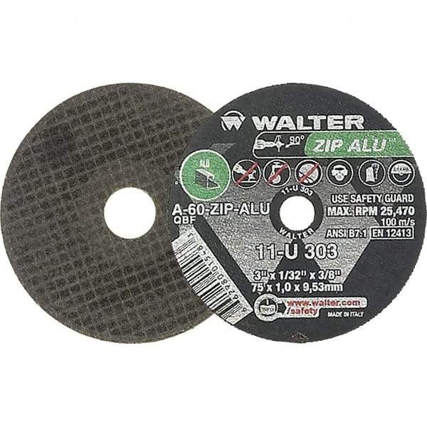 WALTER Surface Technologies - 3" 60 Grit Aluminum Oxide Cutoff Wheel - 1/32" Thick, 3/8" Arbor, 25,470 Max RPM, Use with Die Grinders - A1 Tooling