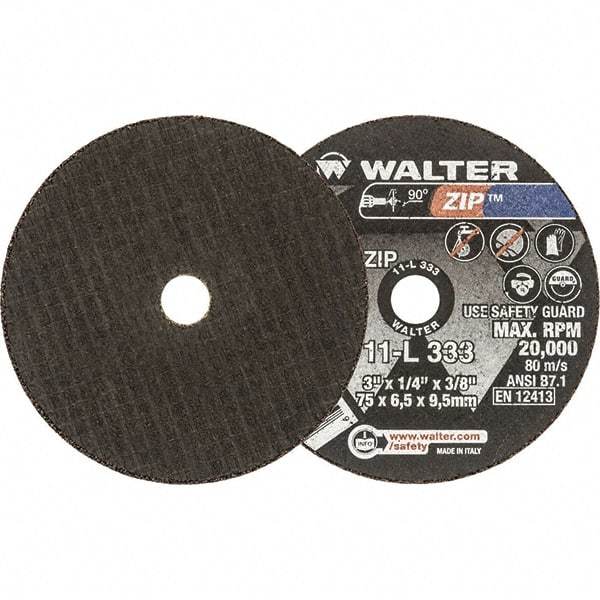 WALTER Surface Technologies - 3" 24 Grit Aluminum Oxide Cutoff Wheel - 1/4" Thick, 3/8" Arbor, 25,470 Max RPM, Use with Die Grinders - A1 Tooling