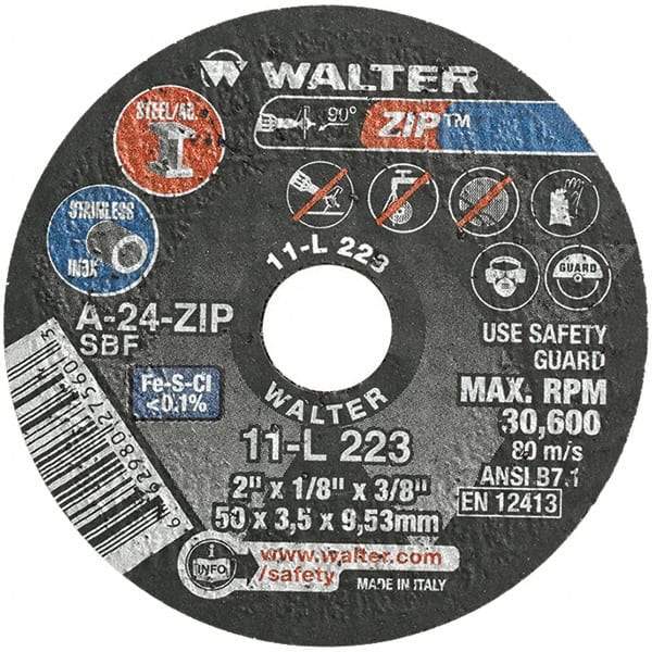 WALTER Surface Technologies - 2" 24 Grit Aluminum Oxide Cutoff Wheel - 1/8" Thick, 3/8" Arbor, 31,000 Max RPM, Use with Die Grinders - A1 Tooling