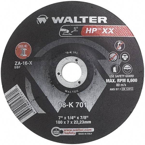 WALTER Surface Technologies - 16 Grit, 7" Wheel Diam, 1/4" Wheel Thickness, 7/8" Arbor Hole, Type 28 Depressed Center Wheel - Aluminum Oxide, Resinoid Bond, 8,600 Max RPM - A1 Tooling