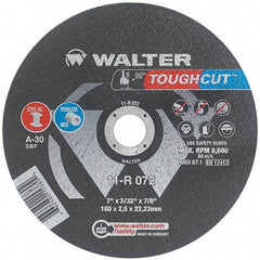 WALTER Surface Technologies - 7" 30 Grit Aluminum Oxide Cutoff Wheel - 3/32" Thick, 7/8" Arbor, 8,600 Max RPM, Use with Angle Grinders - A1 Tooling