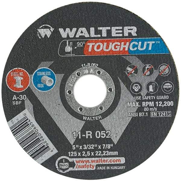 WALTER Surface Technologies - 5" 30 Grit Aluminum Oxide Cutoff Wheel - 3/32" Thick, 7/8" Arbor, 12,200 Max RPM, Use with Angle Grinders - A1 Tooling