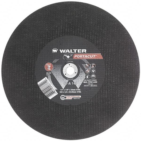 WALTER Surface Technologies - 14" 24 Grit Aluminum Oxide Cutoff Wheel - 1/8" Thick, 20mm Arbor, 5,400 Max RPM, Use with Electric & Gas Powered Saws - A1 Tooling