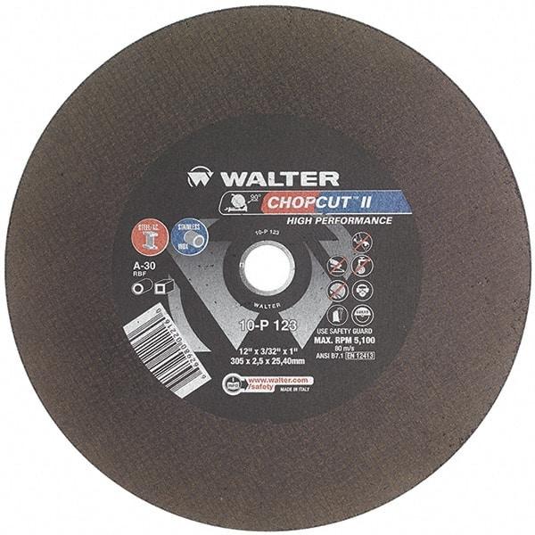 WALTER Surface Technologies - 12" 30 Grit Aluminum Oxide Cutoff Wheel - 3/32" Thick, 1" Arbor, 5,100 Max RPM, Use with Chop Saws - A1 Tooling