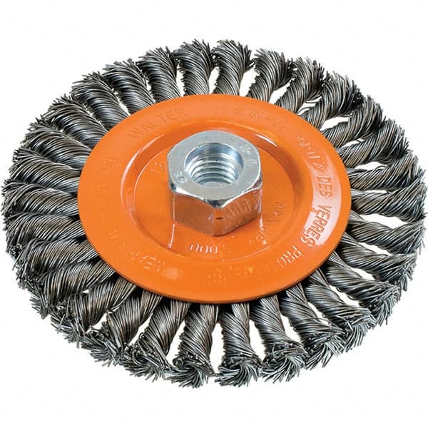 WALTER Surface Technologies - 5" OD, 5/8-11 Arbor Hole, Knotted Steel Wheel Brush - 3/8" Face Width, 0.02" Filament Diam, 15,000 RPM - A1 Tooling