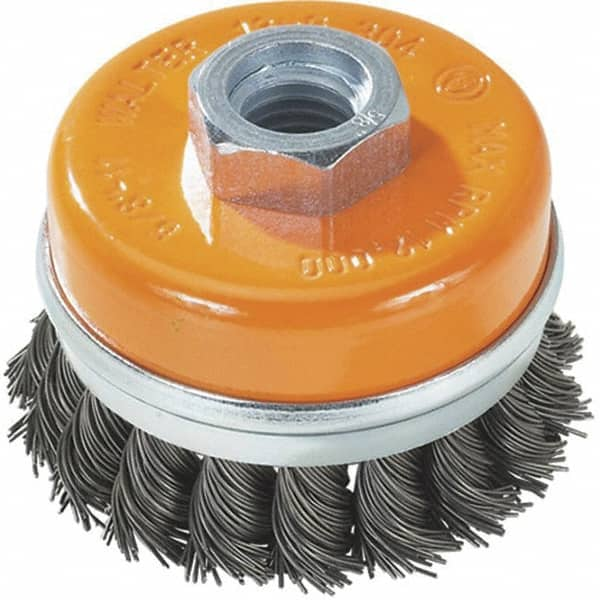 WALTER Surface Technologies - 3" Diam, M14x2.00 Threaded Arbor, Steel Fill Cup Brush - 0.02 Wire Diam, 12,000 Max RPM - A1 Tooling