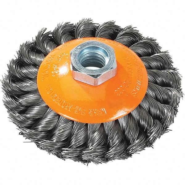 WALTER Surface Technologies - 4" Diam, 5/8-11 Threaded Arbor, Steel Fill Cup Brush - 0.015 Wire Diam, 20,000 Max RPM - A1 Tooling